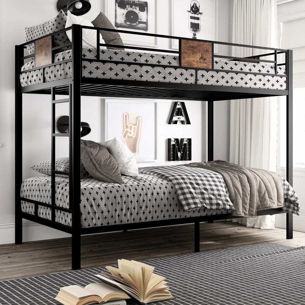 Amolife Metal Twin over Twin Size Bunk Bed Frame with Stairs & Full-Length Guardrail, Black