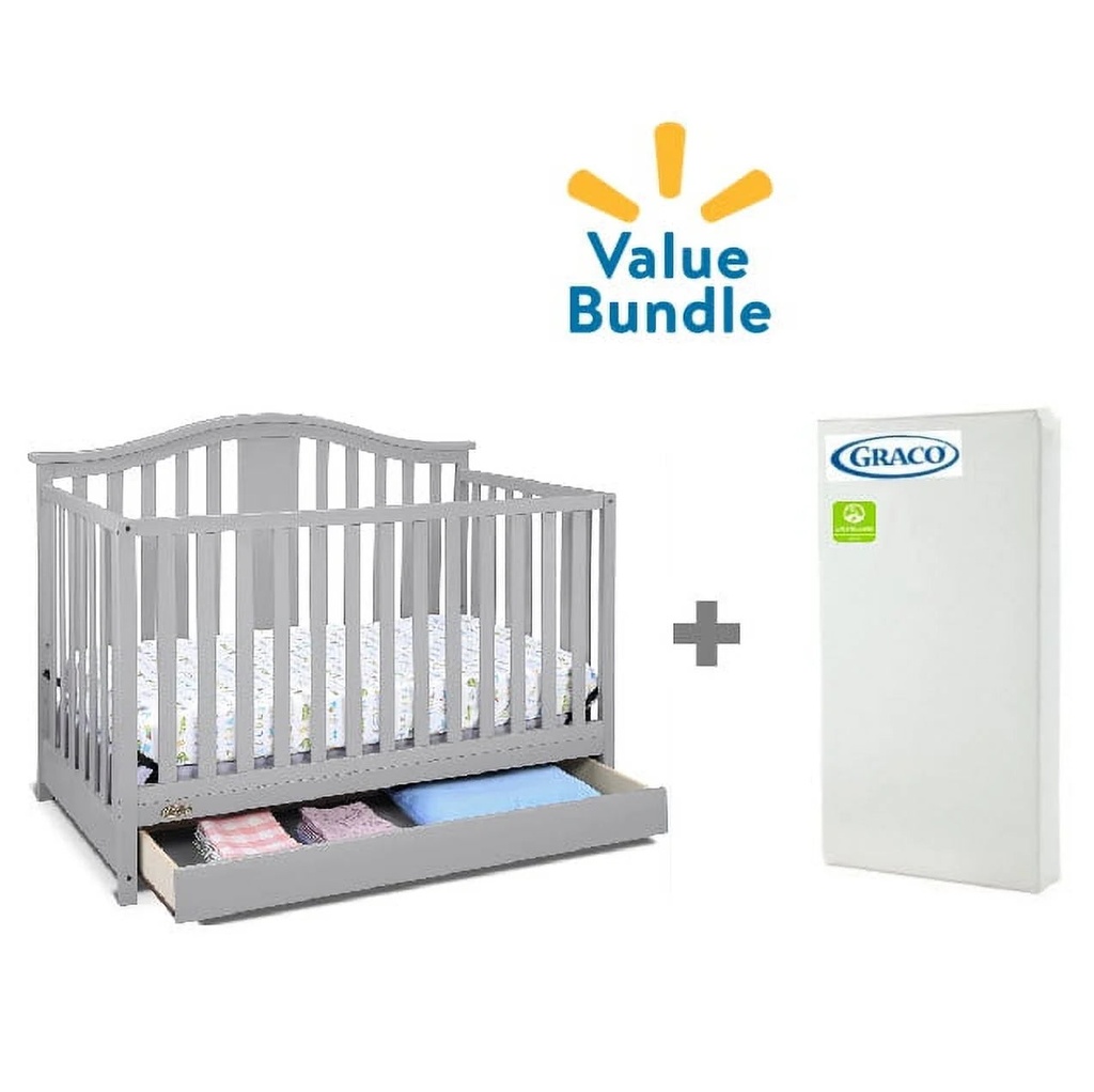 Graco Solano 5-In-1 Convertible Crib with Drawer in Pebble Gray & Premium Foam Crib Mattress