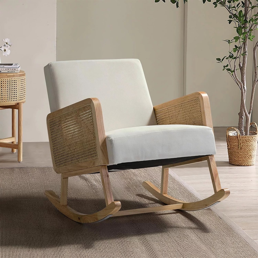 Rocking Accent Chair Rattan Arms for Leisure Time Modern Comfy Upholstered Glider Rocker Armchair Nursery Bedroom Beige