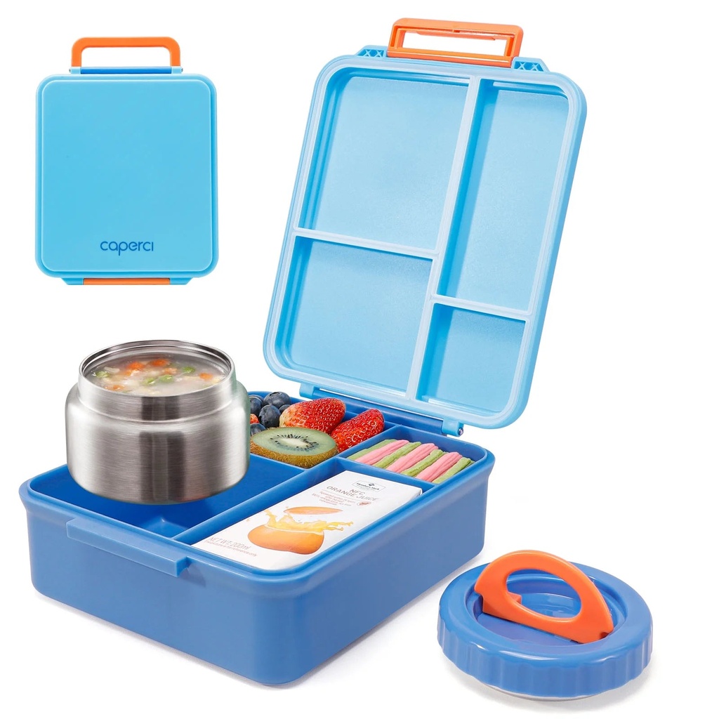 Caperci Bento Lunch Box for Kids with Thermos - Leakproof 4-Compartment Lunch Food Containers for Kids and Teens, Two Temperature Zones, Versatile (Blue)