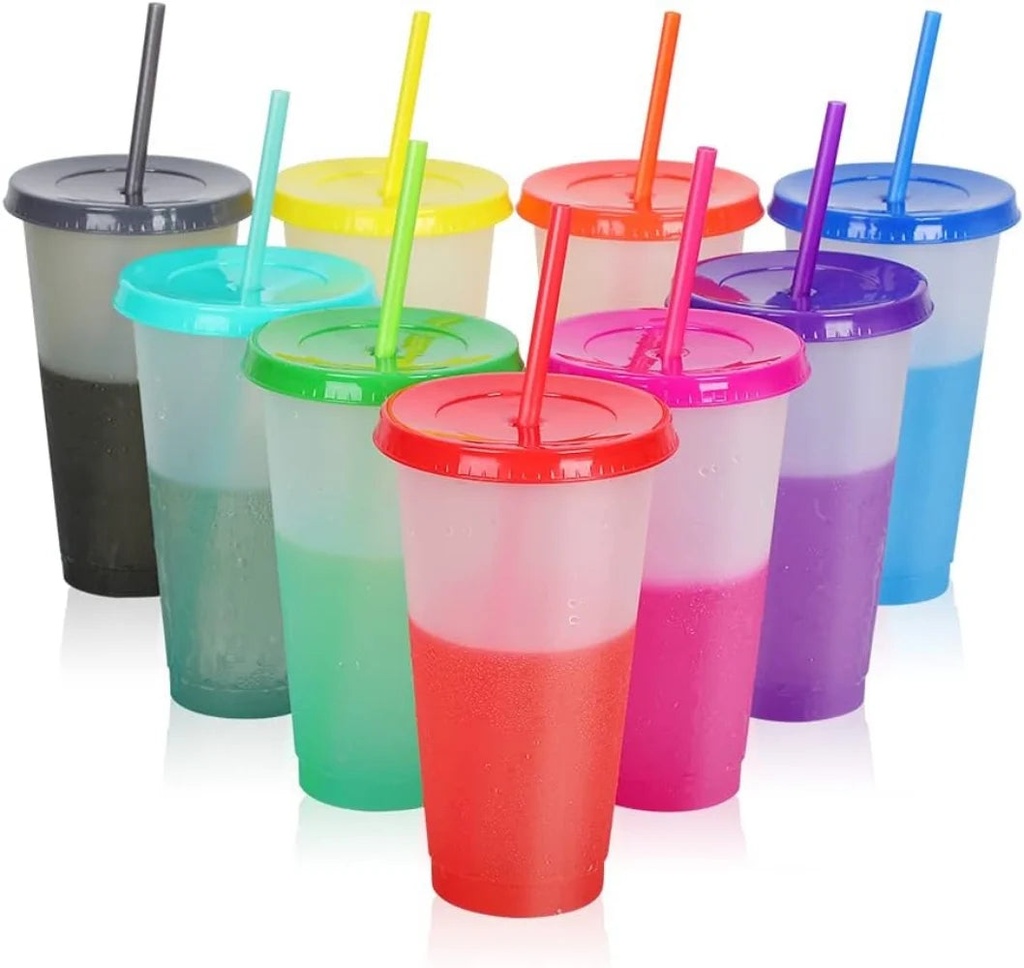 Boriyuan Color Changing Cups Tumblers with Lids Straws - 10 Reusable Bulk Tumblers Plastic Cold Cups 24Oz Tumbler for Adults Kids