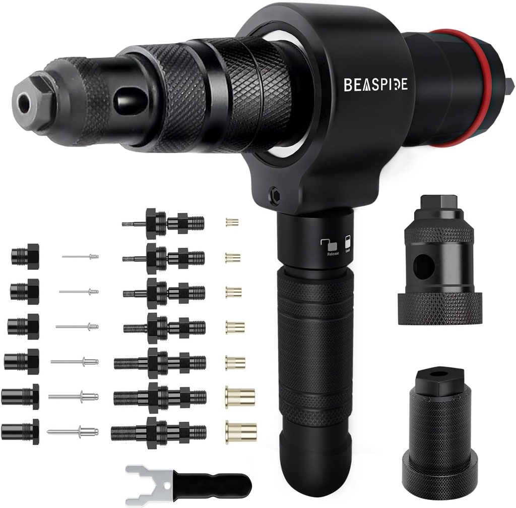 Beaspire Cordless Drill Electric Rivet Gun Adapter, 2-In-1 Rivet Nut Adapter Kit with 7 Metric Mandrels, and 6 Sizes of Rivet Heads, 65Pcs Assorted Rivet Nuts, Carrying Case