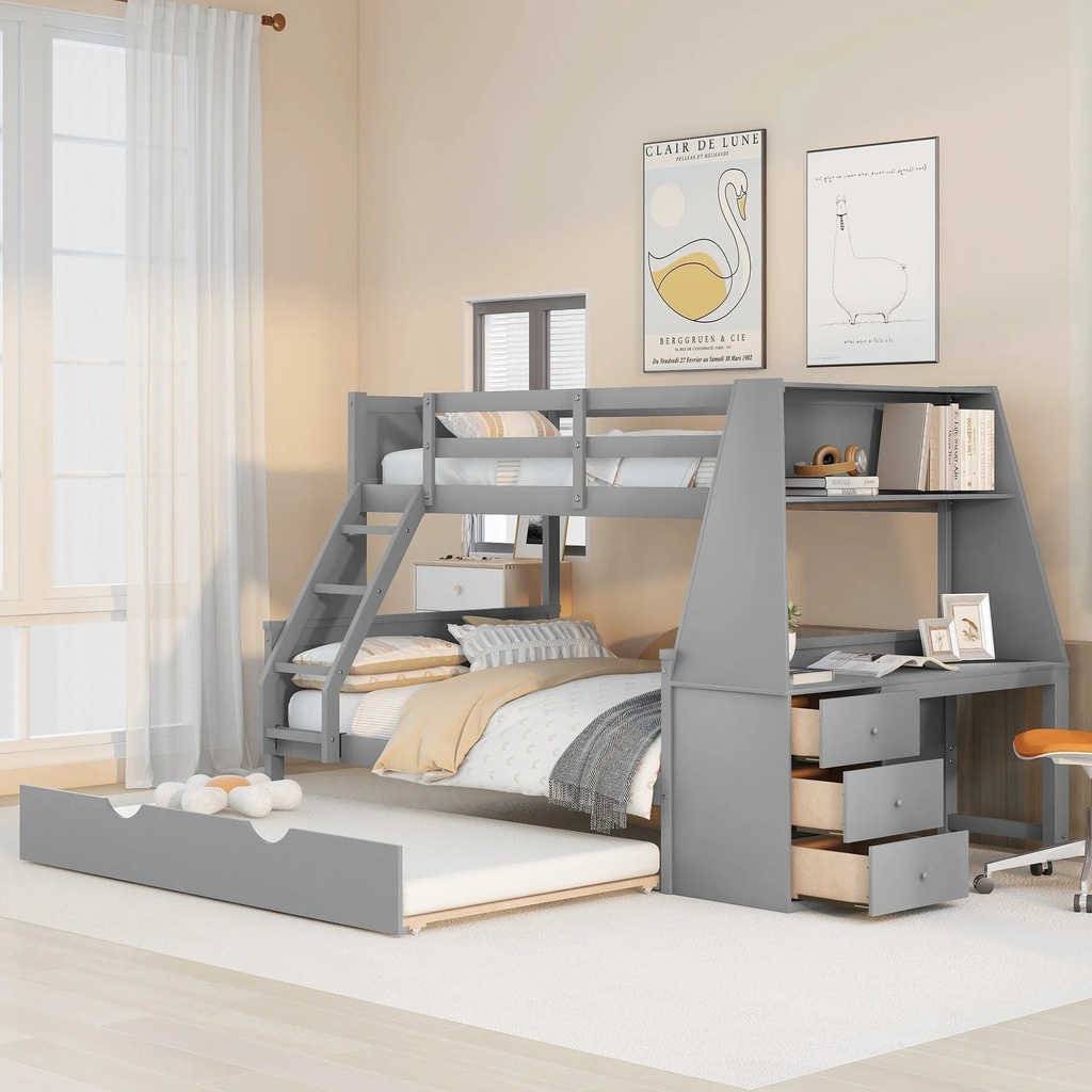 EUROCO Wood Twin over Full Bunk Bed with Twin Trundle, Built-In Desk with Shelf and 3 Drawers for Kids Teens Adults, 3-In-1 Beds, Gray