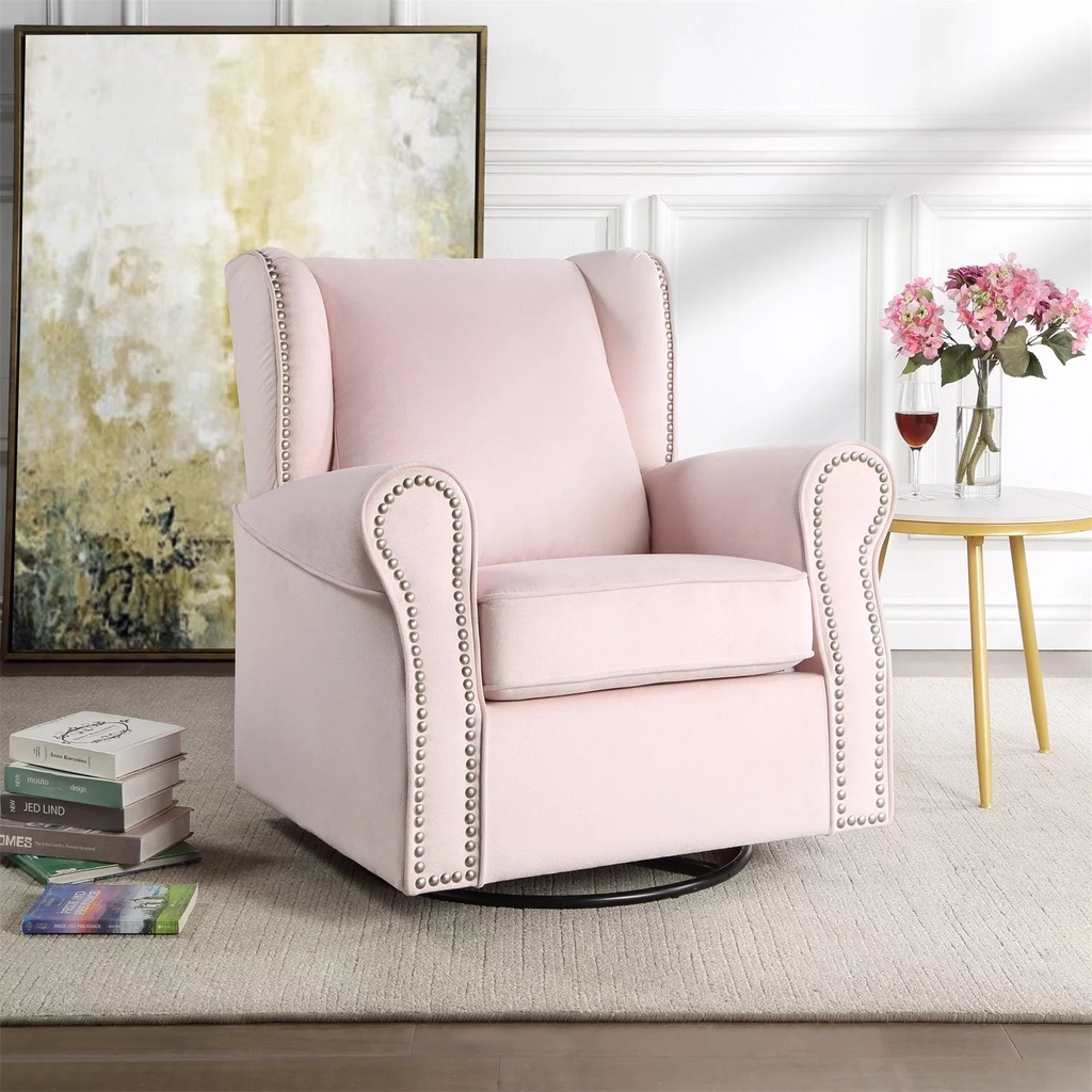 Swivel Accent Chair Glider Chair, Upholstered Armchair Lounge Chair with Padded Cusions, Metel Base and Nailhead Trim, for Living Room, Bedroom, Apartment, Pink