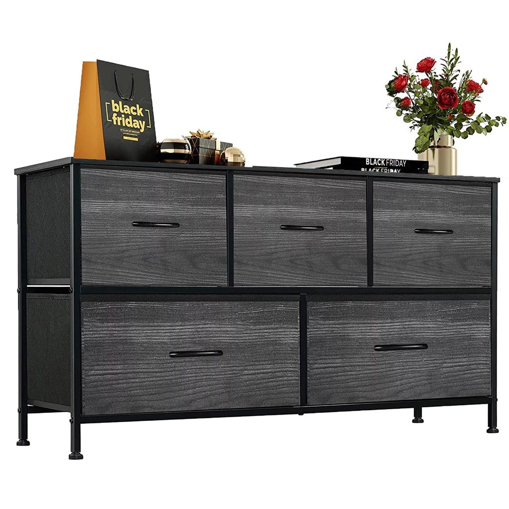 Dresser Storage Bin for Bedroom with 5 Drawers, Wood Grain Organizer Drawer Unit, Long Wide Chest for Living Room, Closet, Hallway, Nursery