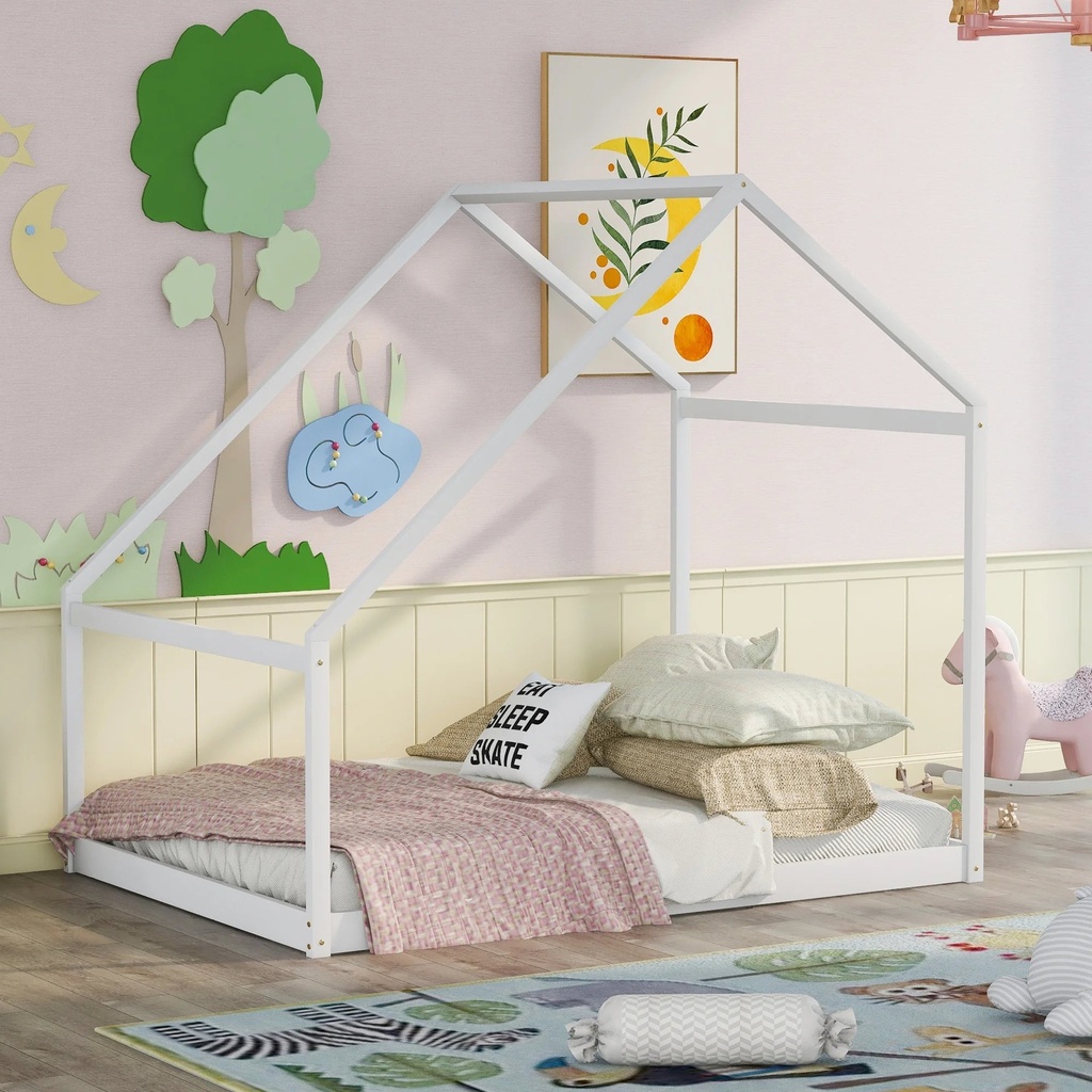 Gewnee Wood House Bed,Full Size Montessori Wood Bed Frame with Roof for Kids Toddlers,White