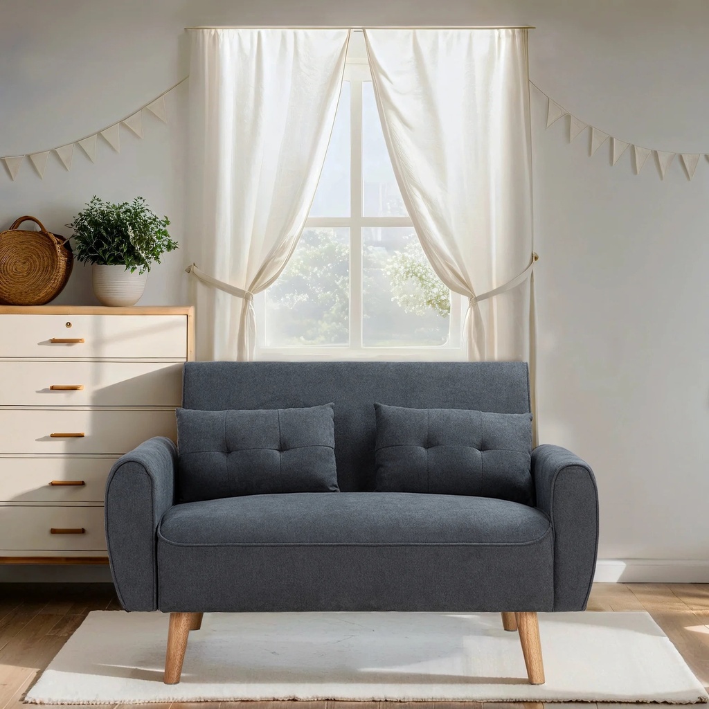 Walsunny 47" Small Modern Loveseat Couch Sofa, Fabric Upholstered 2-Seat Sofa, Love Seat Furniture with 2 Pillows, Wood Leg Dark Grey