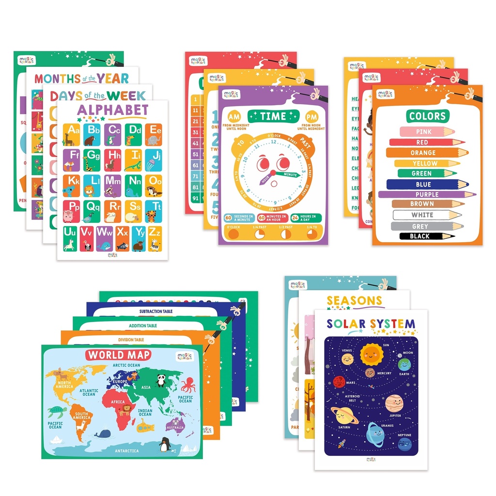 Magic Scholar Educational Posters, 18 Bundle Pack, Chart Classroom Decor for Kids Toddlers