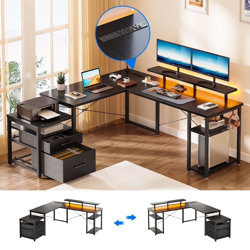 L Shaped Gaming Desk with Drawers, 59" Reversible Computer Desk with File Drawer, Corner Computer Desk with Storage Shelves & Monitor Stand, Home Office Desk Workstation, Black