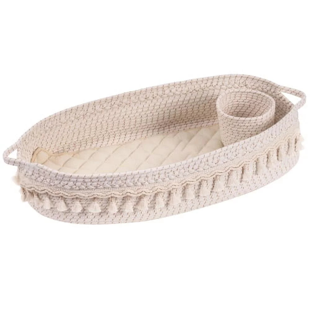 Adrinfly Baby Changing Basket, Handmade Woven Cotton Rope Moses Basket, Changing Table Topper with Mattress Pad(White&Brown)