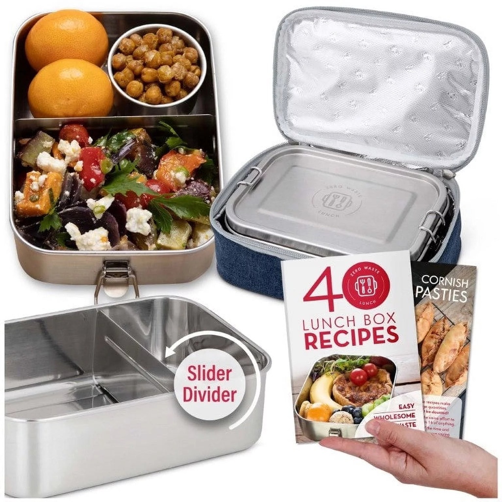 Stainless Steel Lunch Box | Recipe Book & Cooler Bag | Leakproof Lid | Moveable Divider | Plastic Free | 40.5Oz