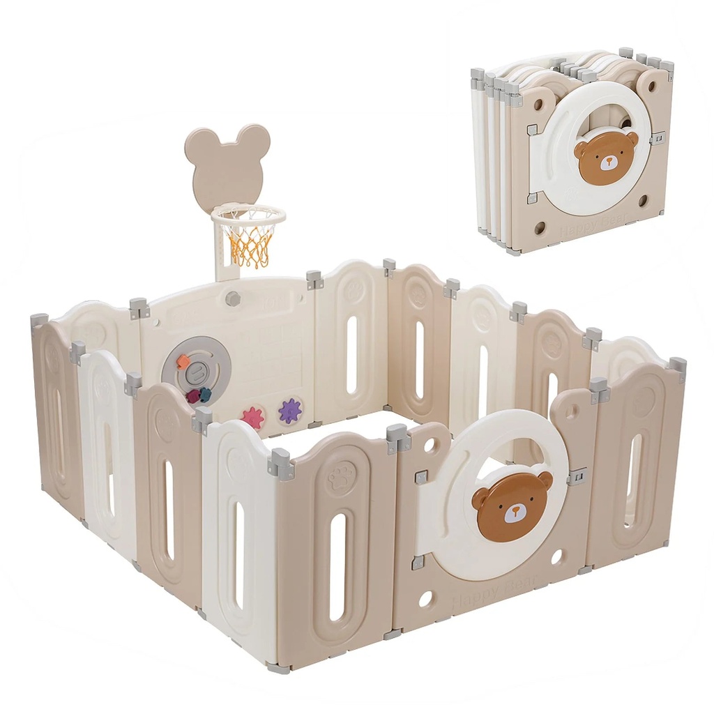 Arlopu Foldable Baby Playpen, 14-Panel Baby Fence Kids Activity Center Safety Play Yard with Game Panel, Gate and Basketball Hoop, Indoor Outdoor Use