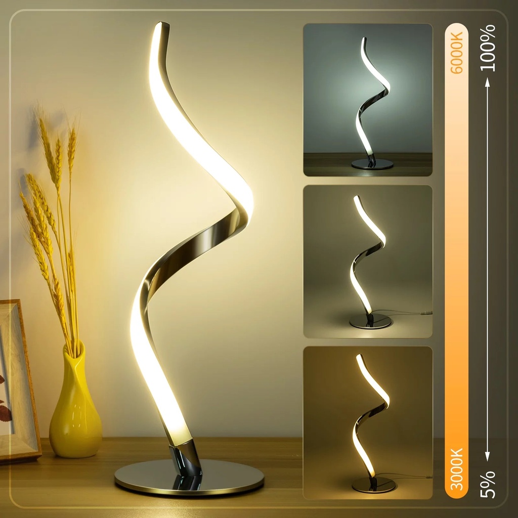 Modern Spiral Table Lamp - Yarra-Decor Touch Control Bedside Lamp, 3 Colors & Fully Stepless Dimmable Nightstand Lamps for Bedroom, Living Room & Office(3000K 4000K 5000K)