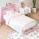 Yoneston 12" Twin Metal Bed Frame with 2-Tire Storage Headboard for Girls, Heavy Duty Platform Bed Frame No Box Spring Wood Headboard Organizer Bedroom Furniture, Pink