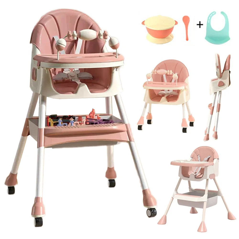 HAOUUCYIN 4-In-1 Baby High Chair Portable Dining Chairs Eat & Play with Five-Point, Double-Layer Dinner Plate and Toy Rack, 9.48 Lbs, Pink