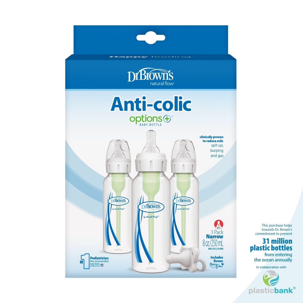 Dr. Brown'S Natural Flow Anti-Colic Options+ Narrow Baby Bottle, 8Oz/250Ml, 3 Pack with Happypaci
