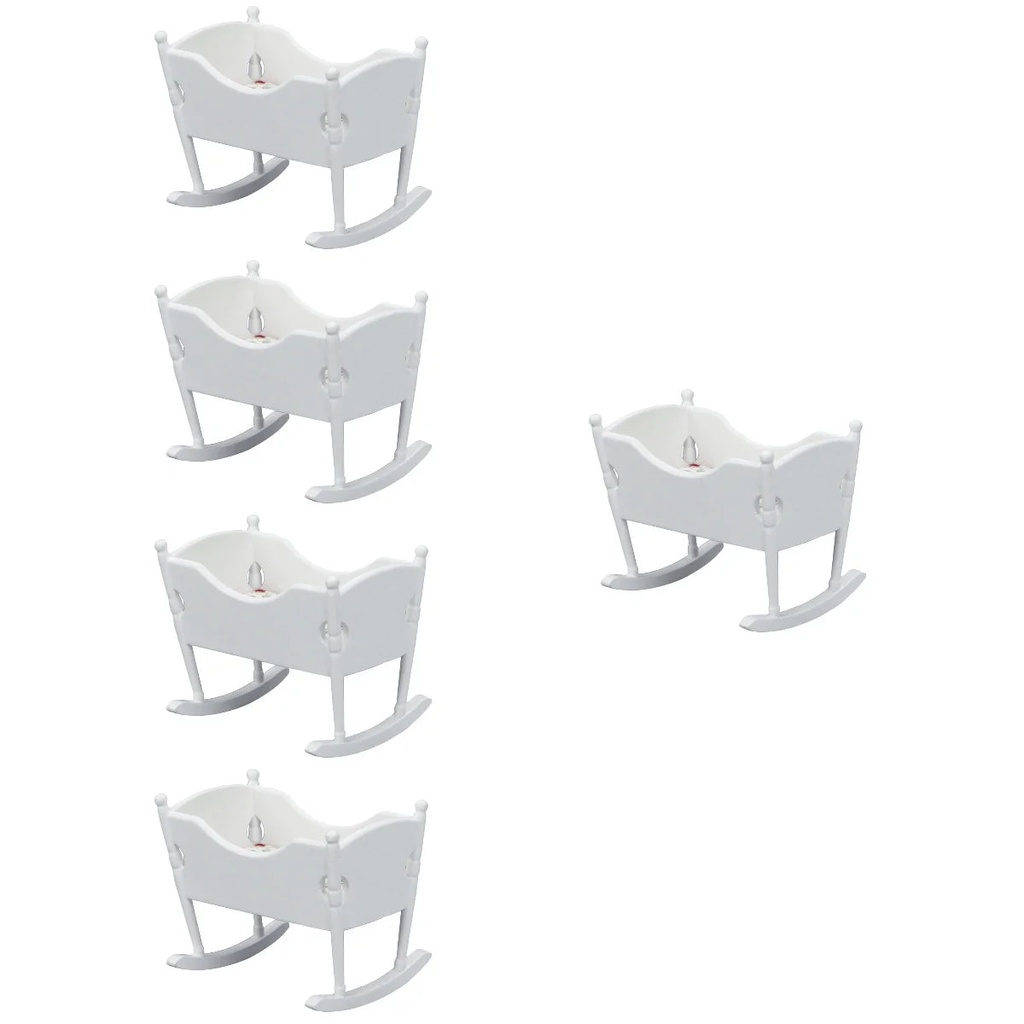 Small Cradle Adorable Dolly House Mini Baby Infant Bassinet Model Wooden White 5 Pc
