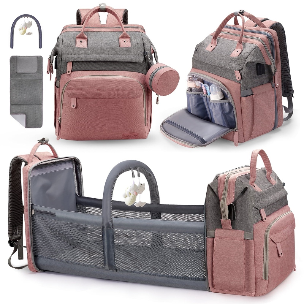 Baby Diaper Bag Backpack with Changing Station, Multifunctional Waterproof Portable Baby Bag for Travel, Pink Color