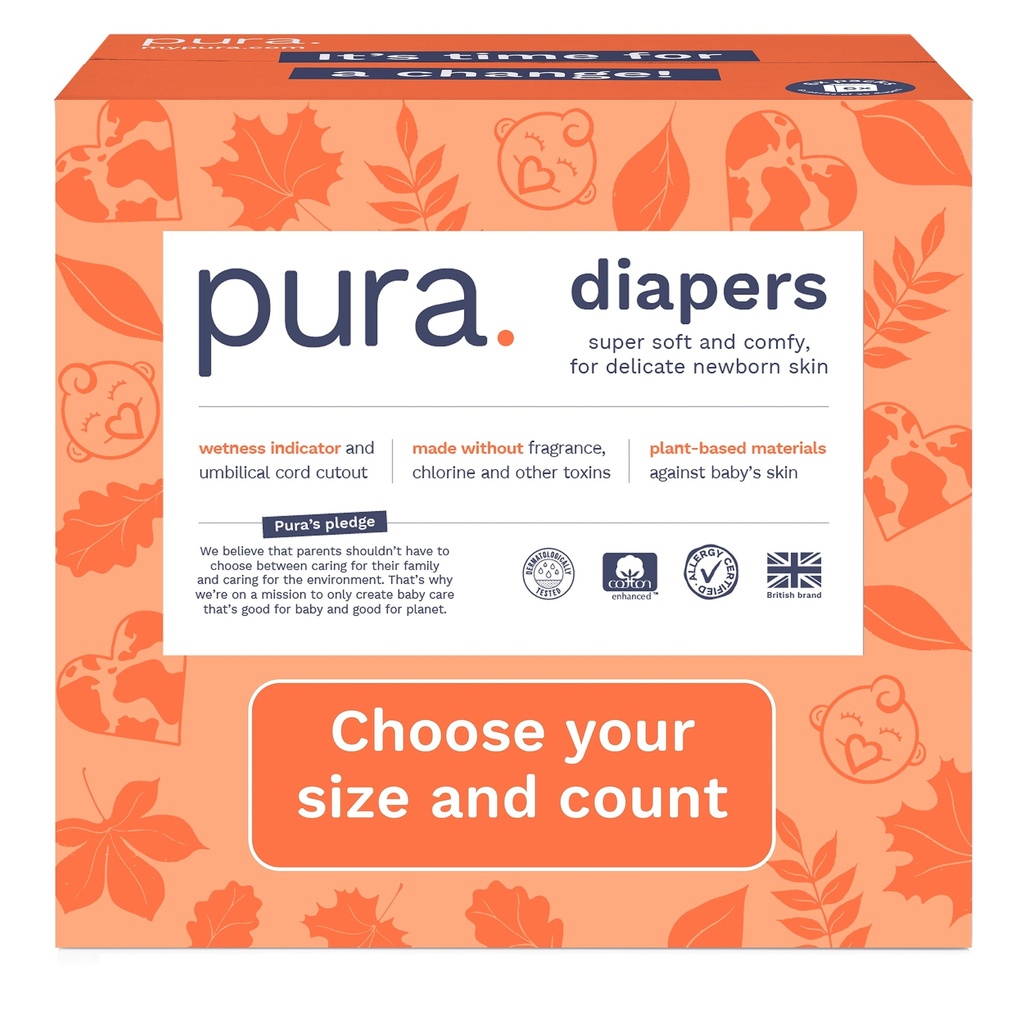 Pura Sensitive Soft Sustainable Baby Diapers Size 1, 96 Count (Choose Your Size and Count)