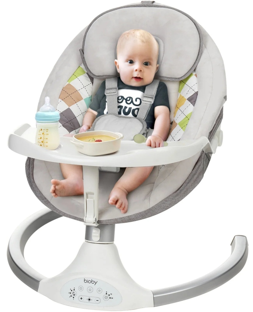 Baby Swing Chair for Infants, Baby Rocker with Dinner Plate, 5 Swing Speeds, Adapter Battery Operated, Indoor Outdoor, Grey