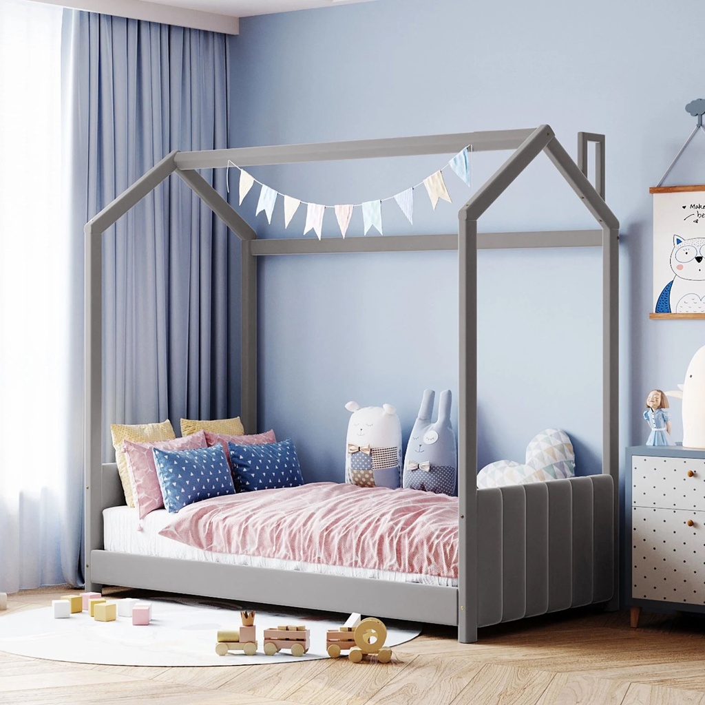 Bellemave Twin Size House Bed for Kids, Velvet Montessori Floor Bed with Headboard & Footboard, Twin Bed Frame for Toddlers Girls Boys （Twin, Grey)