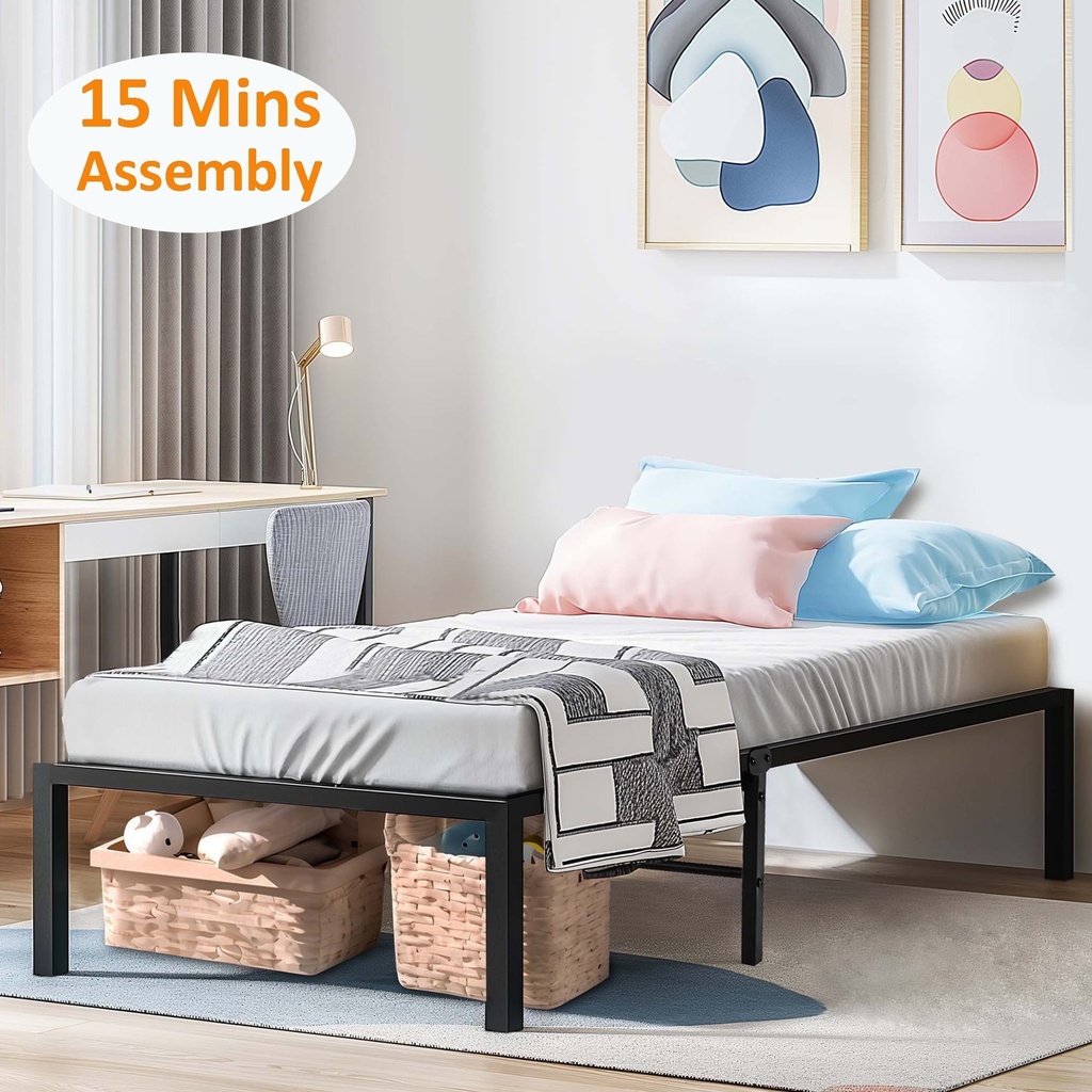 Twin Platform Bed, Heavy Duty Twin Bed Frame No Box Spring Needed, Metal Bed Frame Twin Size for Kids with 13In under Bed Storage, Twin Size Metal Platform Bed Frame, Easy Assembly, Black