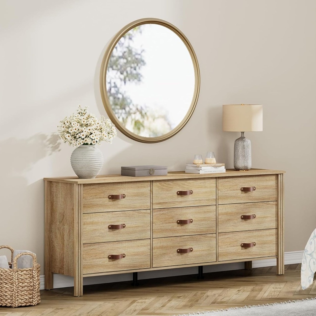 WAMPAT 62" Dresser with 9 Drawers, Farmhouse Dresser with Wide Chest of Drawers for Living Room, Hallway, Nursery, Light Oak