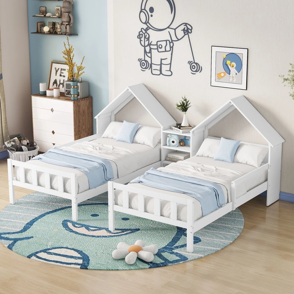Bellemave Double Twin Size Bed Frame, Wooden Kids Platform Beds Built-In Nightstand for Storage, Shared Bed Frame with House-Shaped Headboard for Two Kids Boys Girls Teens (White)