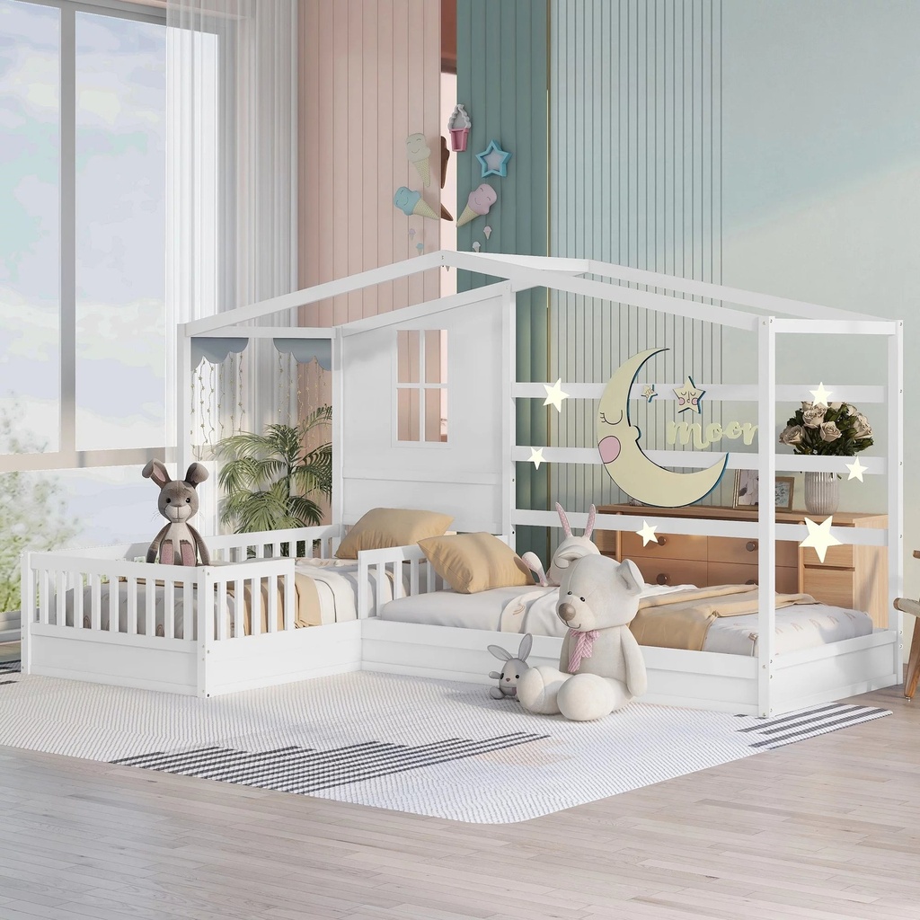 Bellemave House Beds for 2 Kids, Wood L-Shape Twin Bed Frame with Roof and Fence Railings, Double Twin Size Montessori Bed for Toddler Girls Boys Teens (White)
