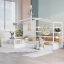 Bellemave House Beds for 2 Kids, Wood L-Shape Twin Bed Frame with Roof and Fence Railings, Double Twin Size Montessori Bed for Toddler Girls Boys Teens (White)
