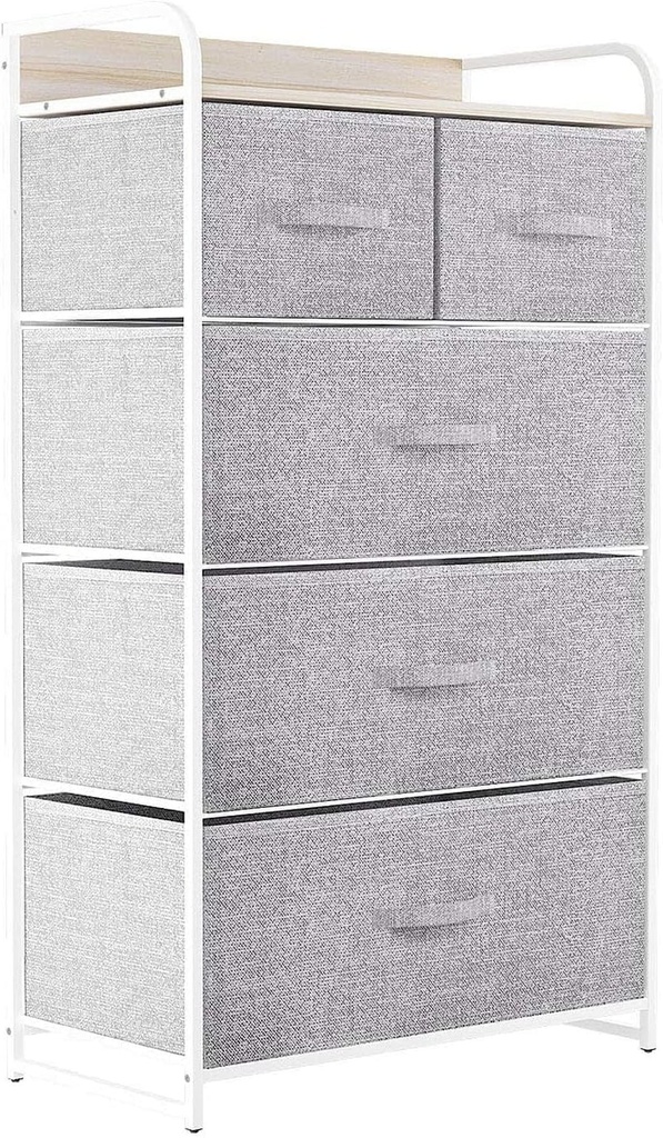 Dextrus Fabric Dresser with 5 Drawers - Storage Tower with Large Capacity, Organizer Unit for Bedroom, Living Room & Closets - Sturdy Steel Frame, Wooden Top & Easy Pull Fabric Bins (Light Grey)