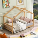 House Bed Frame with Headboard and Footboard, Twin Size Roof Design Platform Bed Frame Wood Kids Bed Floor Play House Bed with Strong Slats for Girls Boys Toddlers, No Box Spring Needed, Natural