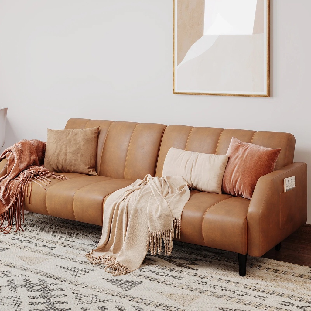 BLAZANT Leather Loveseat Sofa Bed, 78“ Queen Futon Set, Adjustable Sofa Backrest, Sleeper Sofa Couch, Modern Decor Love Seat Couches, Tufted Upholstered Couch for Living Room, Bedroom, Orange