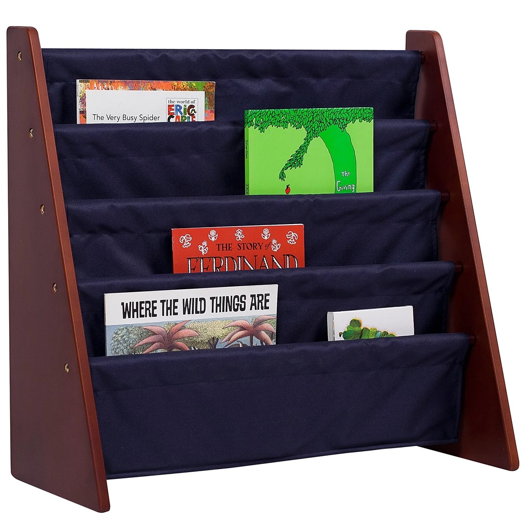 Wildkin Kids Canvas Sling Book Shelf for Boys and Girls, Wooden Design Features Four Shelves - Cherry W/ Blue
