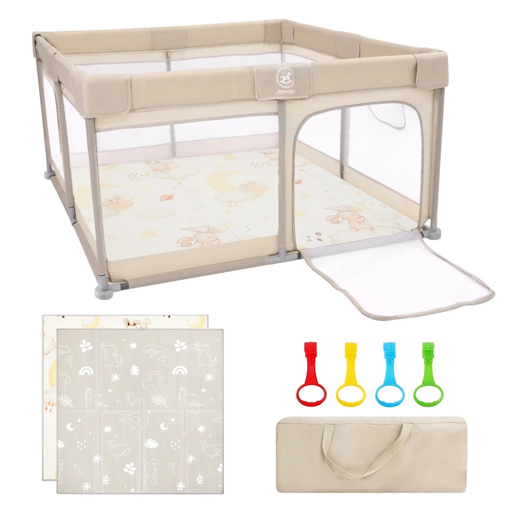 Joypony 4-In-1 Baby Playpen with Mat: Large Fence for Babies and Toddlers, Breathable Mesh, Anti-Slip Base - 50X50X27 Inches
