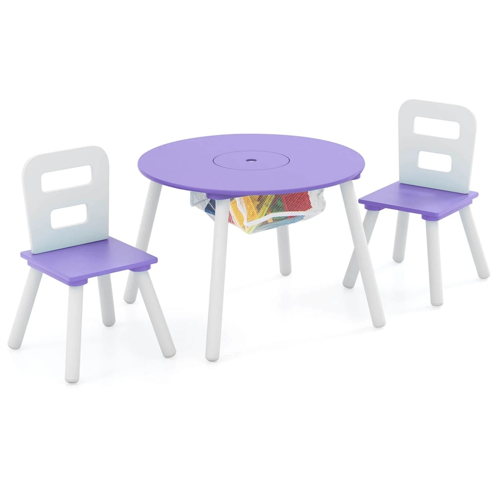 Costway Kids Wooden round Table & 2 Chair Set W/ Center Mesh Storage Purple