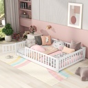 Full Floor Bed for Kids, Solid Wood Montessori Bed Frame Fence & Door, Toddler Full Size Bed with Wood Slats, No Box Spring Needed (Full,White)