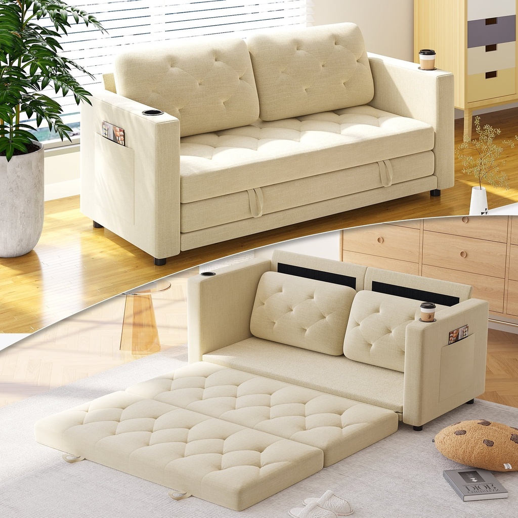 HNEBC Loveseat Sleeper Sofa, 63" W 81" L Full Size Futon Sofa Bed, 6.3" Thick Upholstery Pull Out Couch, Folding Couch Bed for Small Space, Convertible Floor Couch for Bedroom, Beige