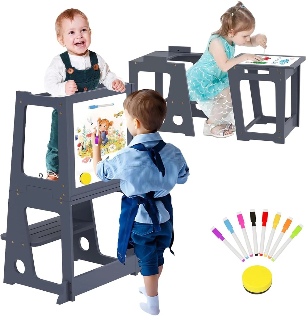 Toddler Learning Tower, Kitchen Toddler Step Stool Standing Tower with Whiteboard 2 in 1 Convertible Table and Chair, Removable Safety Rail, Widened Platforms for Kitchen Counter Bathroom Sink