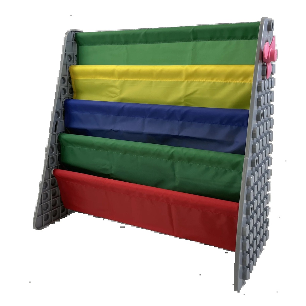 Uniplay Kids Plastic Bookcase Display Storage Rack, 4 Tier Bookshelf with Stacking Block Play Side Panels, (Gray/Primary)