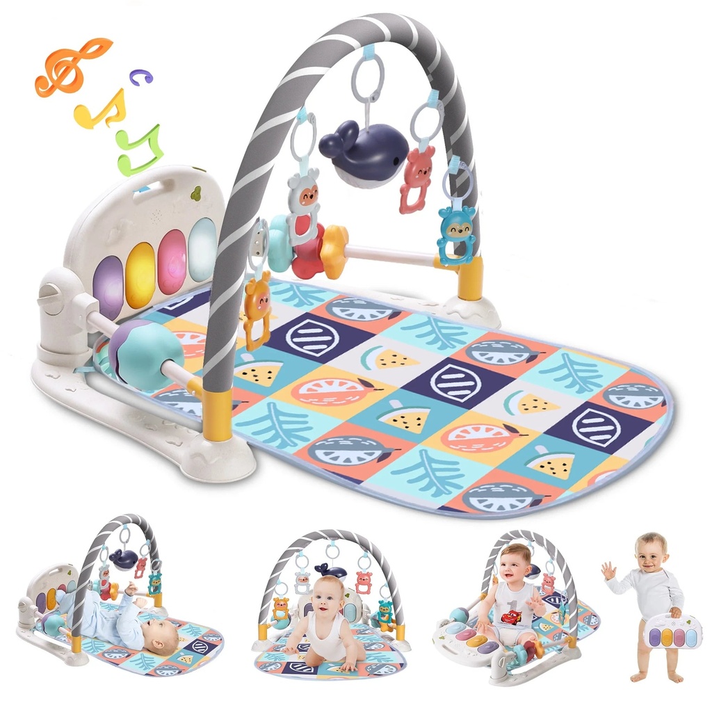 Vomeast Baby Gym, Baby Gym Play Mat with Security Guardrail and Sensory Toys Portable Piano Wheat Straw Material Gym, Kick and Piano Gym for Newborn Babies 0-36 Months, Straw Color