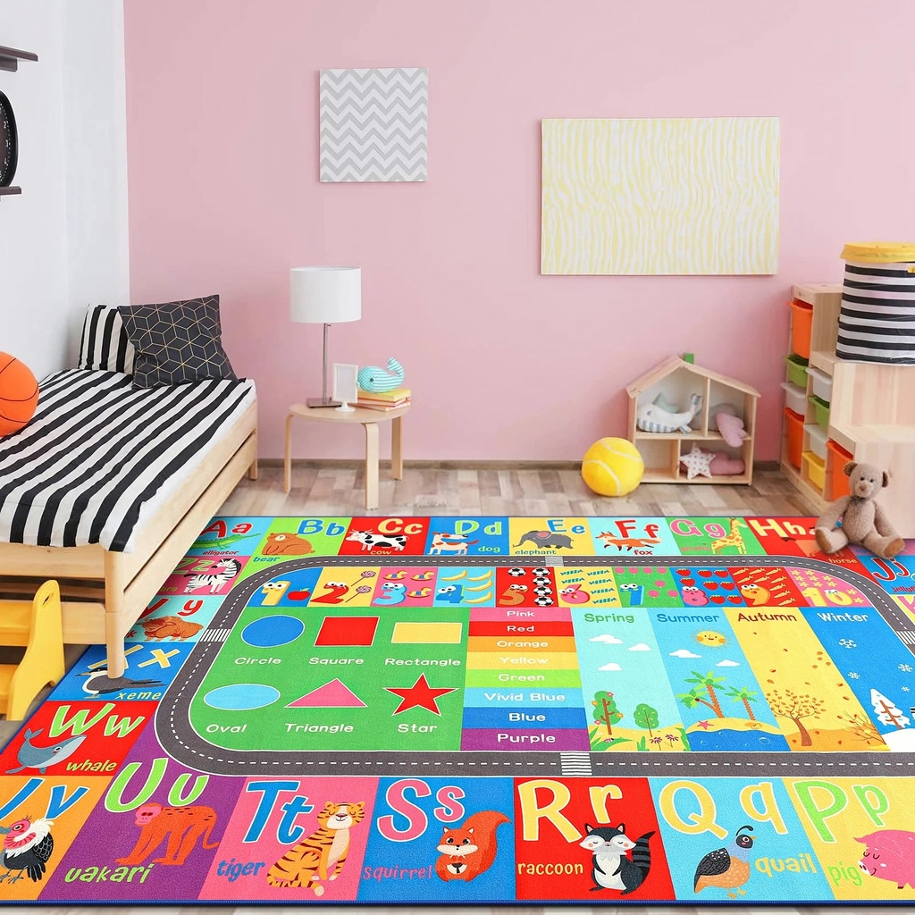 Dwelke Kids Educational Rug, Kids Collection Area Rug for Learning Alphabet, Numbers, Colors, Season and Animal Words, Playmat for Classroom Playroom,4'X6'