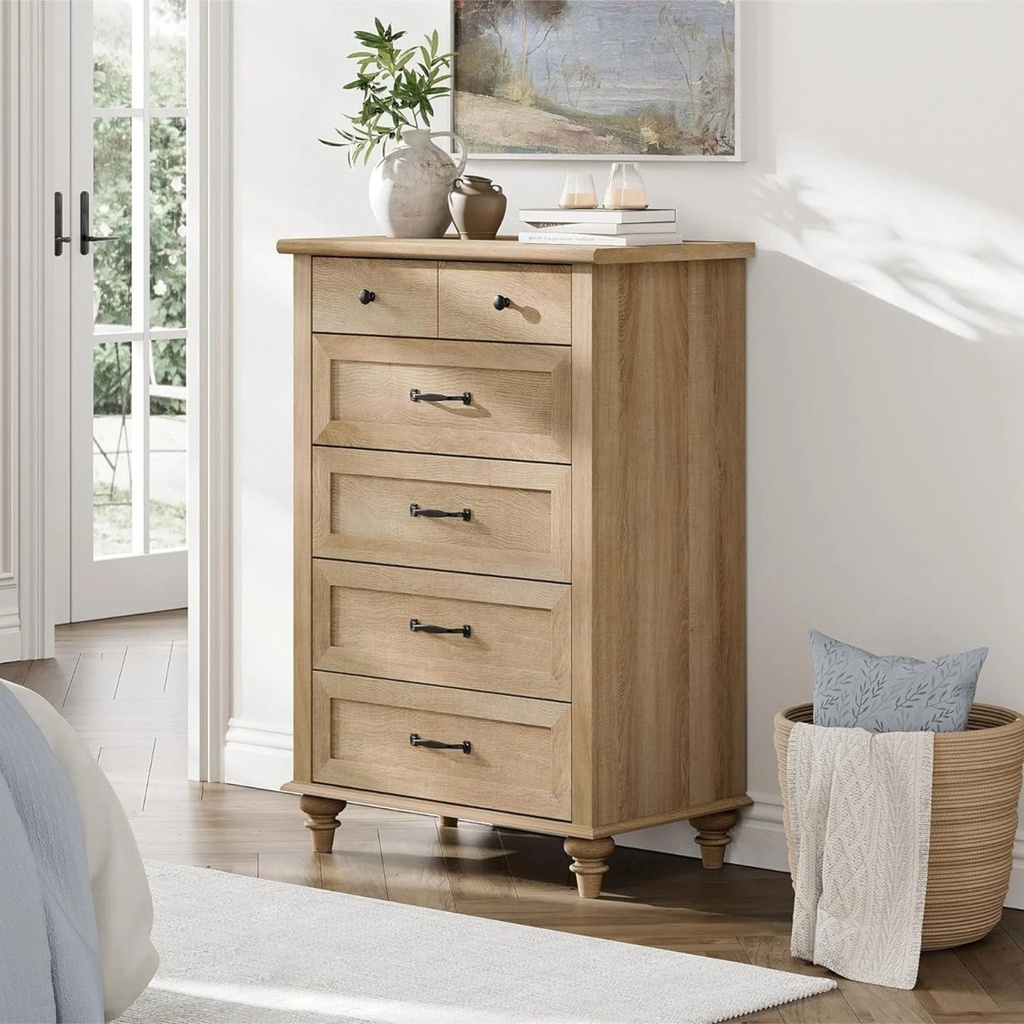 WAMPAT 27" Dresser with 5 Drawers, Tall Kids Dressers with Wide Chest of Drawers, Mid Century Modern Wooden Closet Storage Organizer, Small Dresser for Living Room, Nursery, Hallway