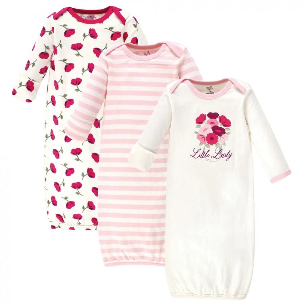 Touched by Nature Baby Girl Organic Cotton Long-Sleeve Gowns 3Pk, Petals, 0-6 Months