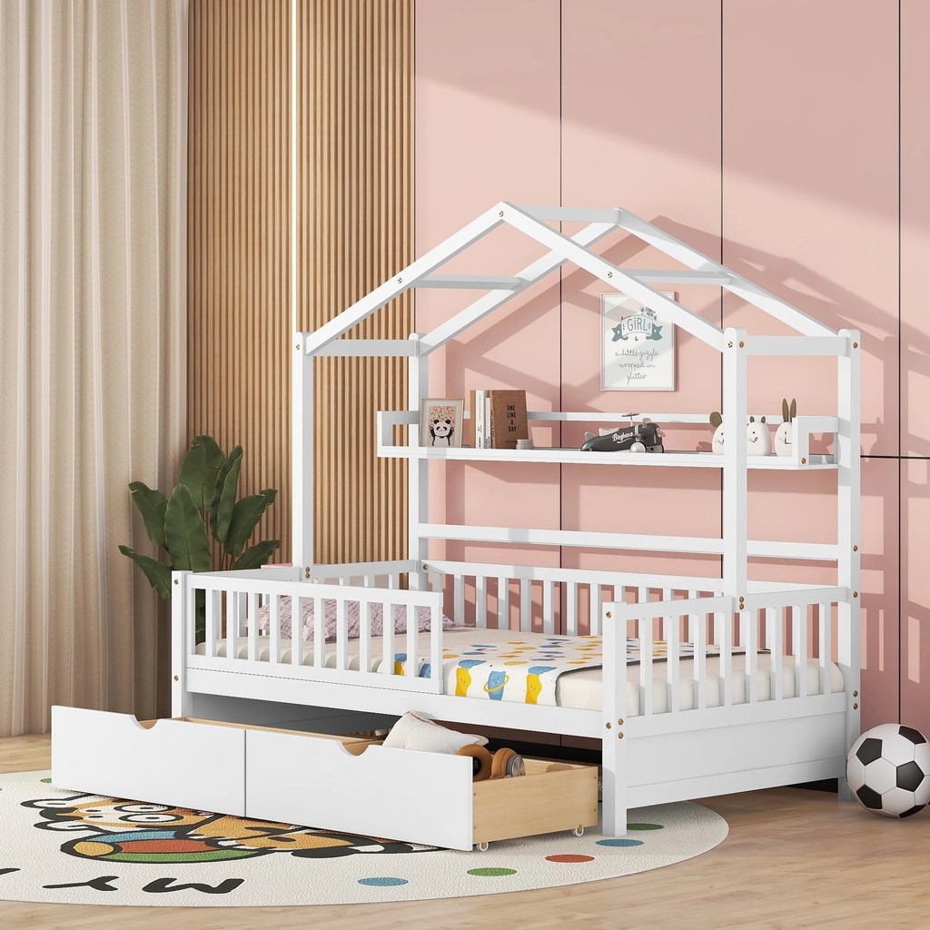 Bellemave House Bed with Storage Drawers, Wood Montessori Bed with Storage Shelves, Kids Twin Size Bed Frame with Fence Railings for Toddlers Girls Boys (Twin, White)