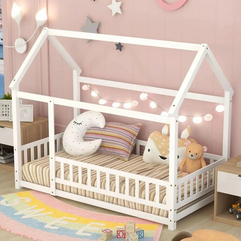Twin Size House Floor Bed, Wood Montessori Bed Frame with Fence Guardrails, House Beds for Toddler Kids Girls Boys（Twin,White)