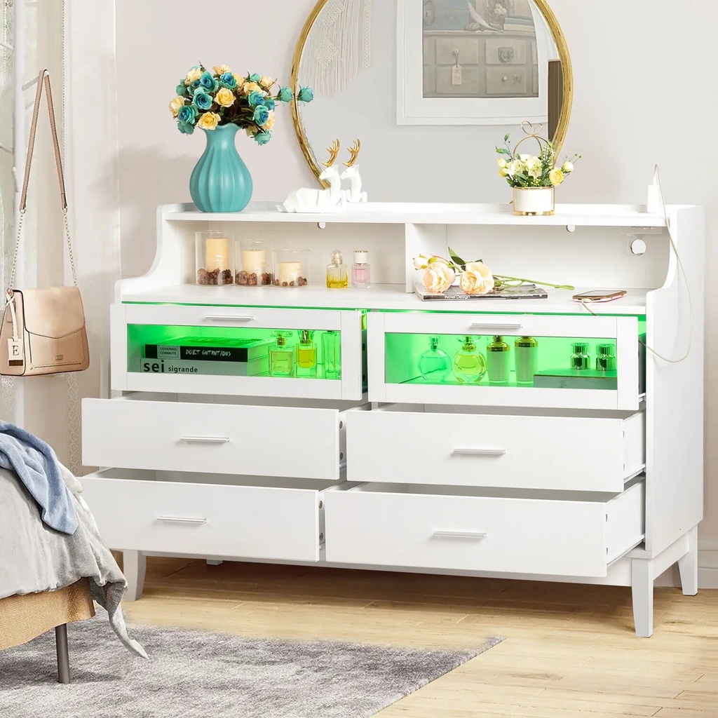 Ktaxon 6 Drawer Double Dresser with LED and USB Charging Station, Kids Dresser, Nursery Dresser Drawer Organizer, Chest of Drawers, White