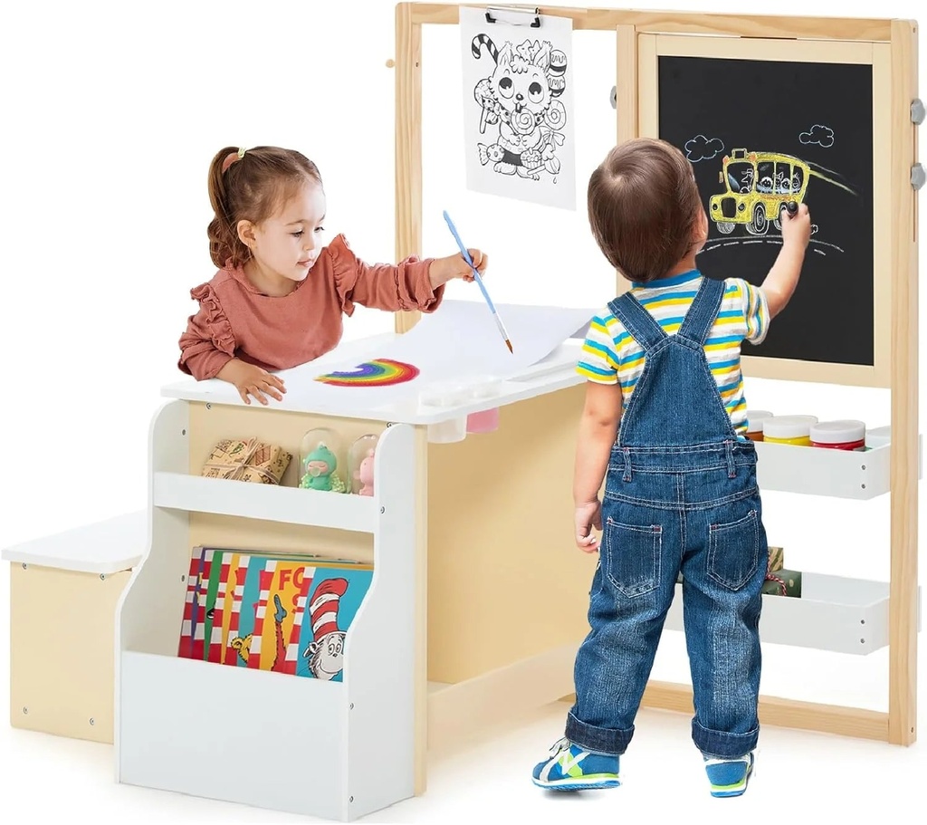 INFANS Kids Art Table and Chair Set, 3 in 1 Toddler Craft and Play Wood Activity Desk with Double-Sided Easel Paper Roll for Drawing Painting Writing, Sturdy Children Furniture for Daycare Playroom