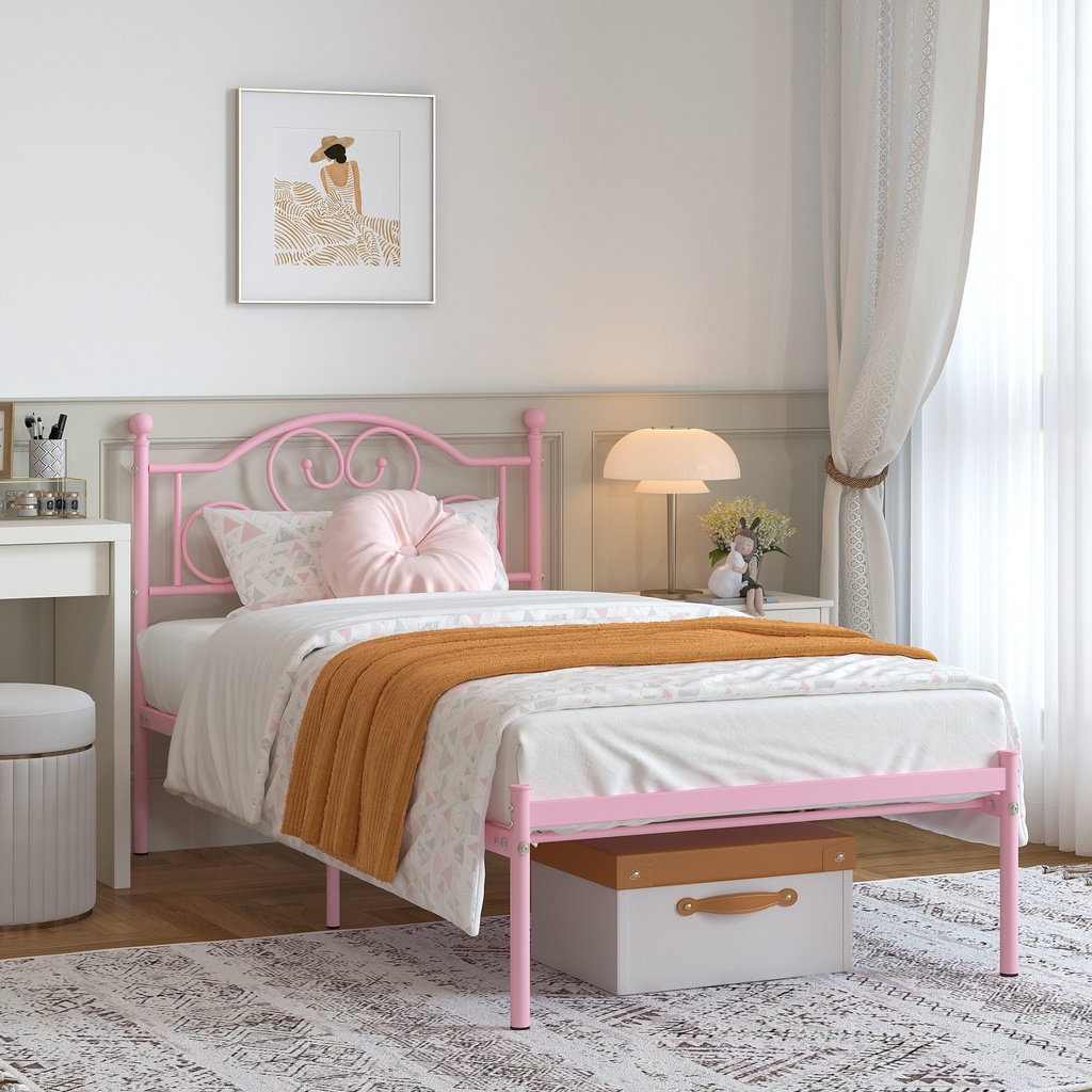 Yoneston 12” Twin Heavy Duty Metal Platform Bed Frame with Love-Heart Shape Headboard for Girls Bedroom Furniture, Pink