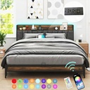 LED King Size Bed Frame with Outlets & USB & Type-C Port Storage Headboard, Metal Platform Bed with Charging Station for Bedroom